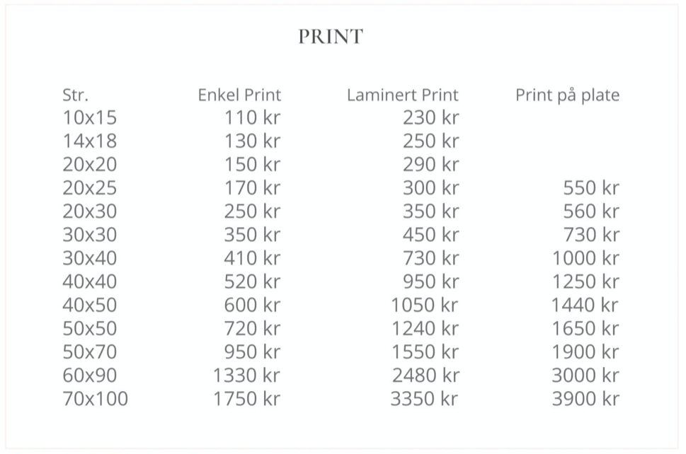 Priser for de forskjellige typene print. Gode ideer til julegaver.