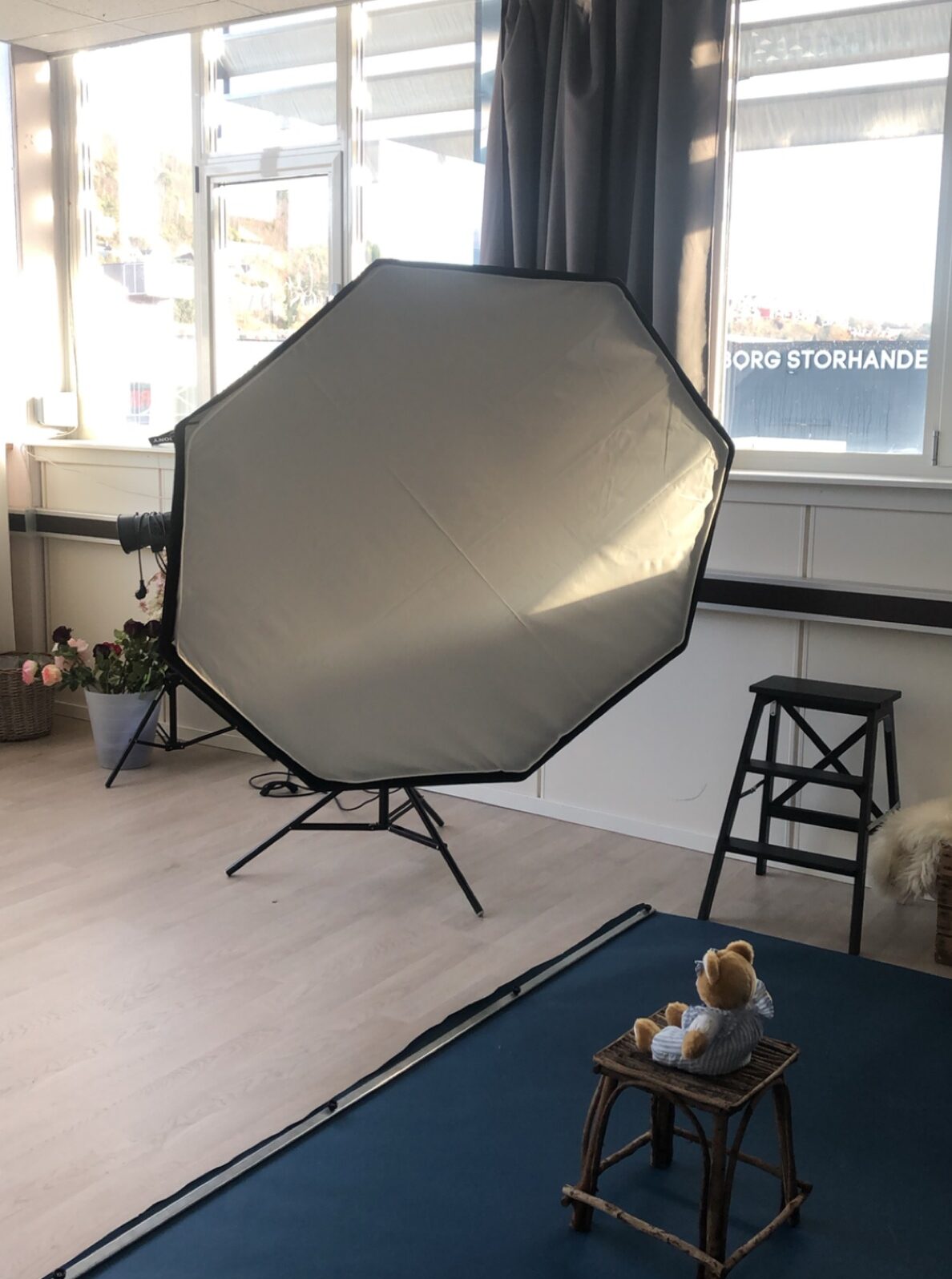 Bilde av en blits og en bamse på et lerret. Viser et av rommene i nytt fotostudio i Åsane.