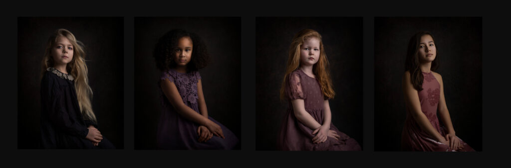 Det er fire bilder av fire forskjellige jenter. De sitter alle med hendene i fanget og ser i kamera. Håret blafrer. 